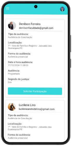 O estudante procura a audiência que ele deseja participar por critérios como área jurídica, dia e hora e qual o tipo, solicita a participação ao advogado.